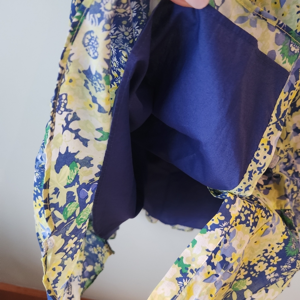 Floral Blue and Yellow Midi Dress with Tie Waist - Picture 7 of 10